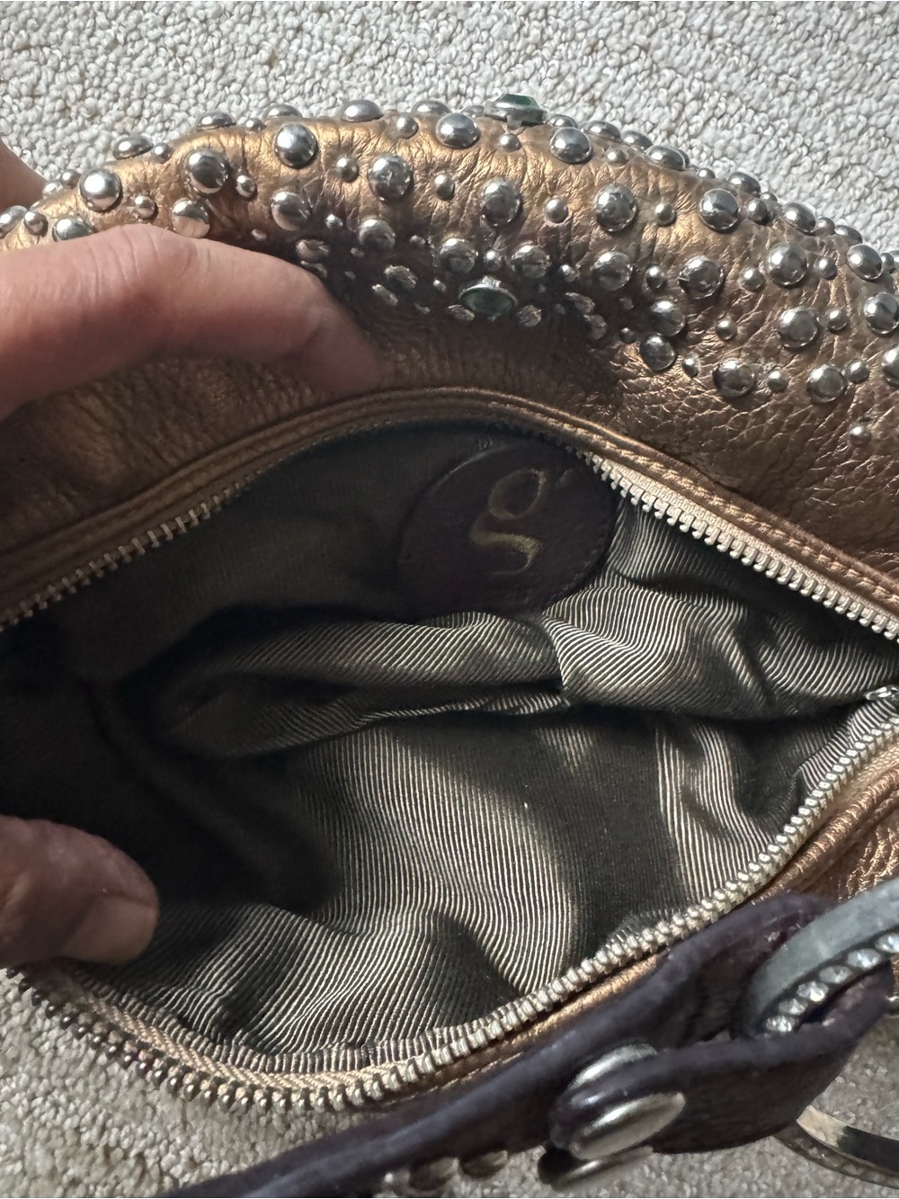 Y2K G Series Cole Haan Bronze Leather Studded Crystal Hobo Shoulder Bag - Picture 12 of 16